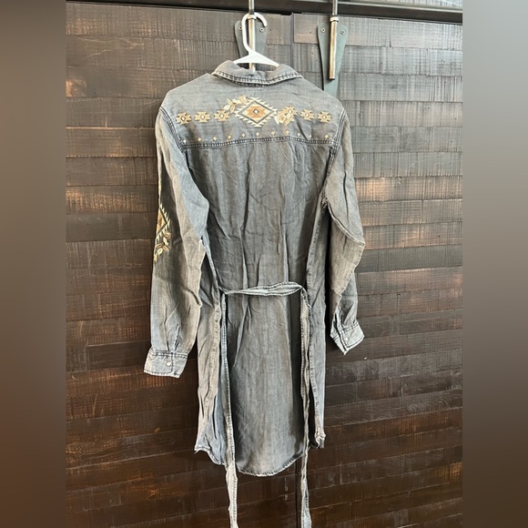 NWT Stetson EMBROIDERED SNAP FRONT SHIRT DRESS Gray Tan Brown Size Large Western - Picture 7 of 9